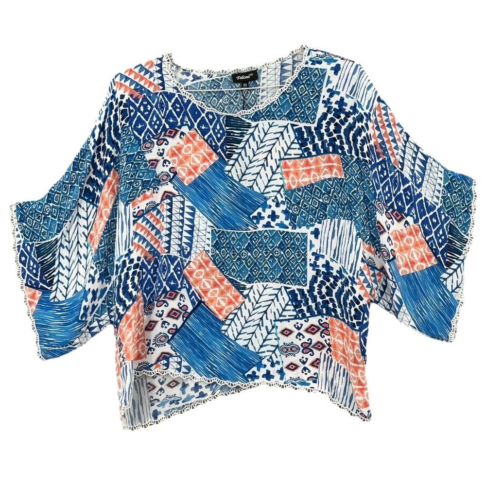 Tolani Ray Sapphire Cupro Geometric Print Lace Trim Blouse XS Blue Orange NEW